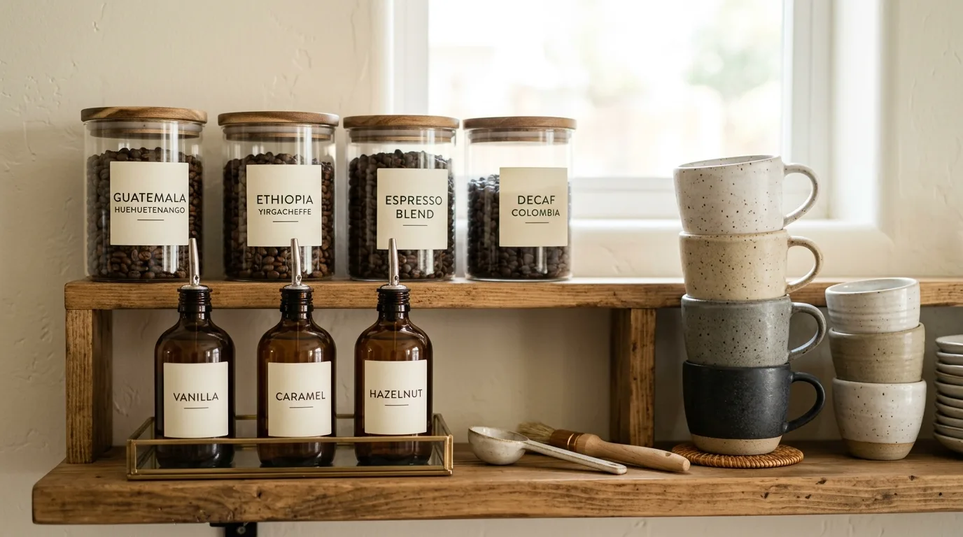 Use open shelving to keep mugs and tools within reach inspiration for a home coffee bar.